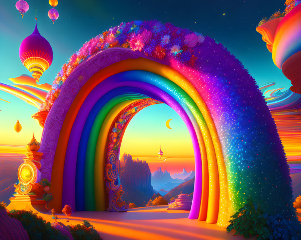 Colorful whimsical landscape with rainbow arch and crescent moon