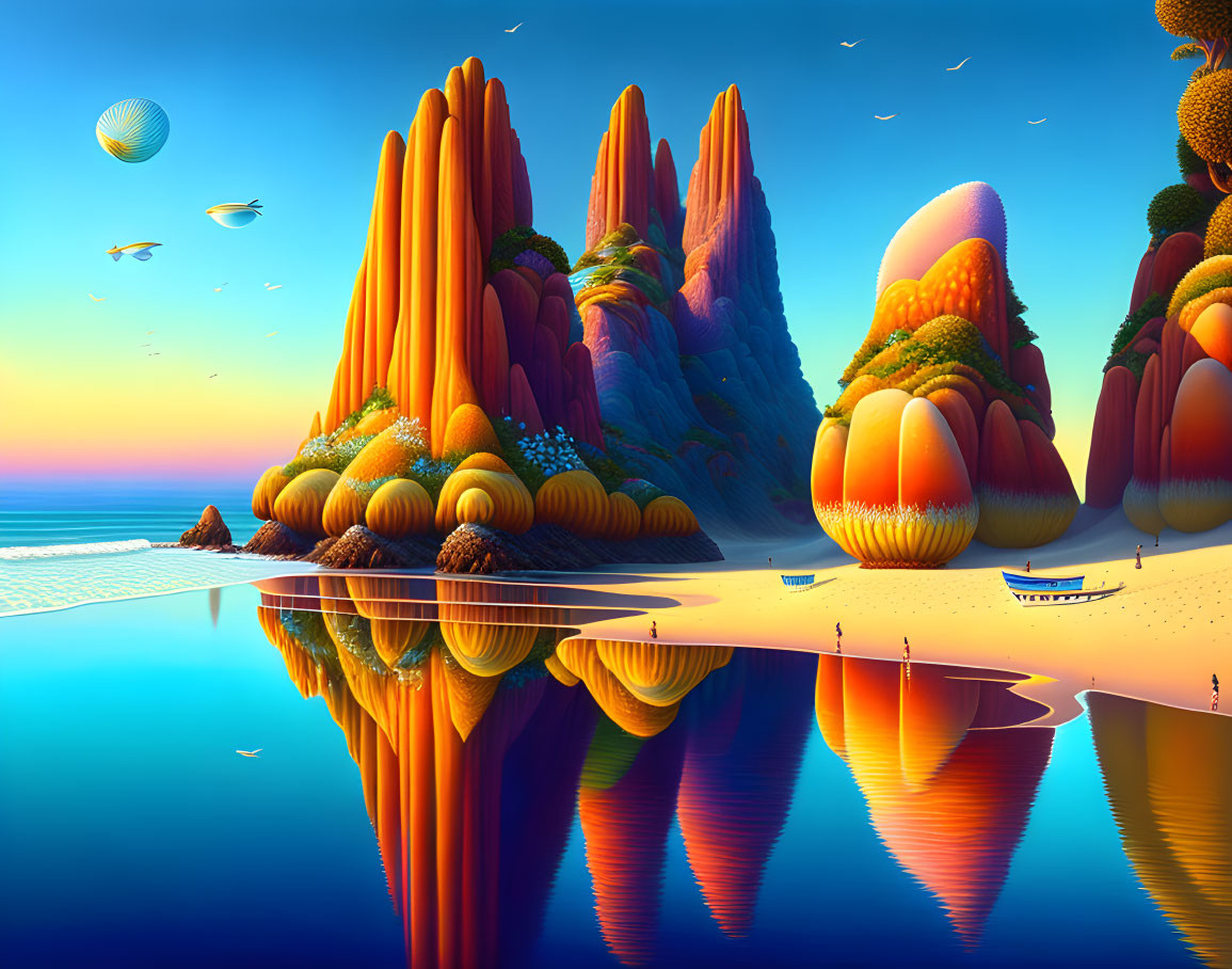 Vibrant surreal landscape: colossal rocks, tranquil beach, blue sky, birds, floating orbs