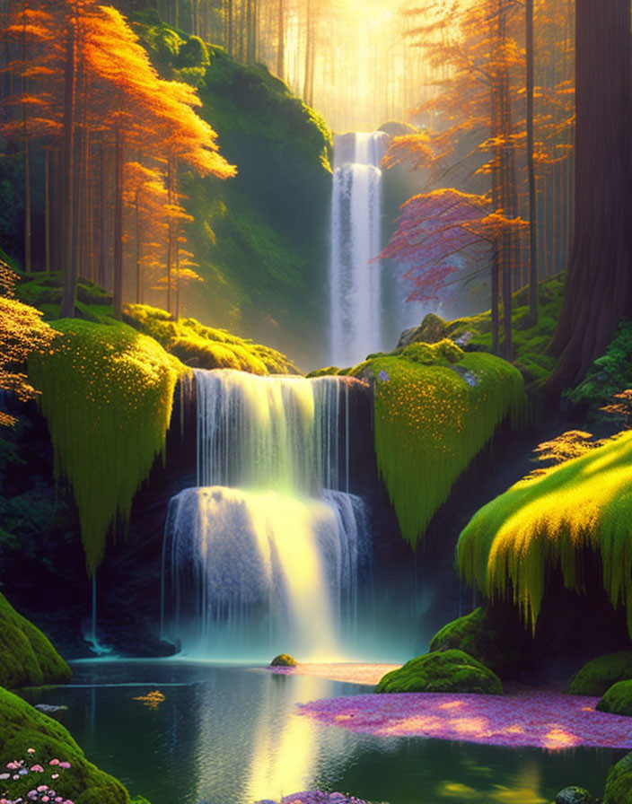 Tranquil pond with serene waterfall and autumn trees