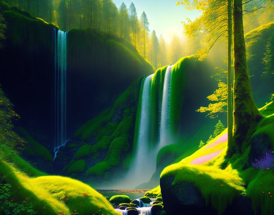 Tranquil waterfall in lush forest with sunlight filtering through trees