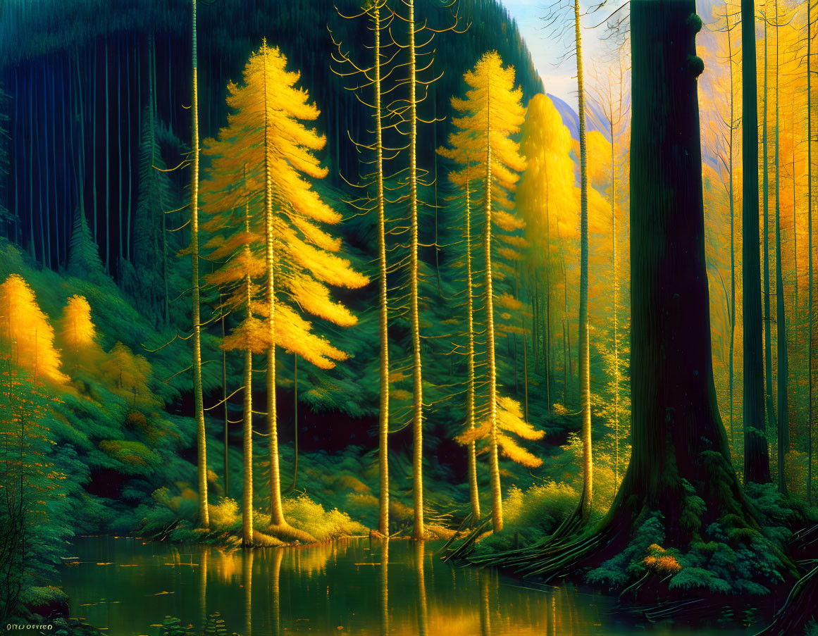 Golden-hued forest reflecting in tranquil pond under soft light