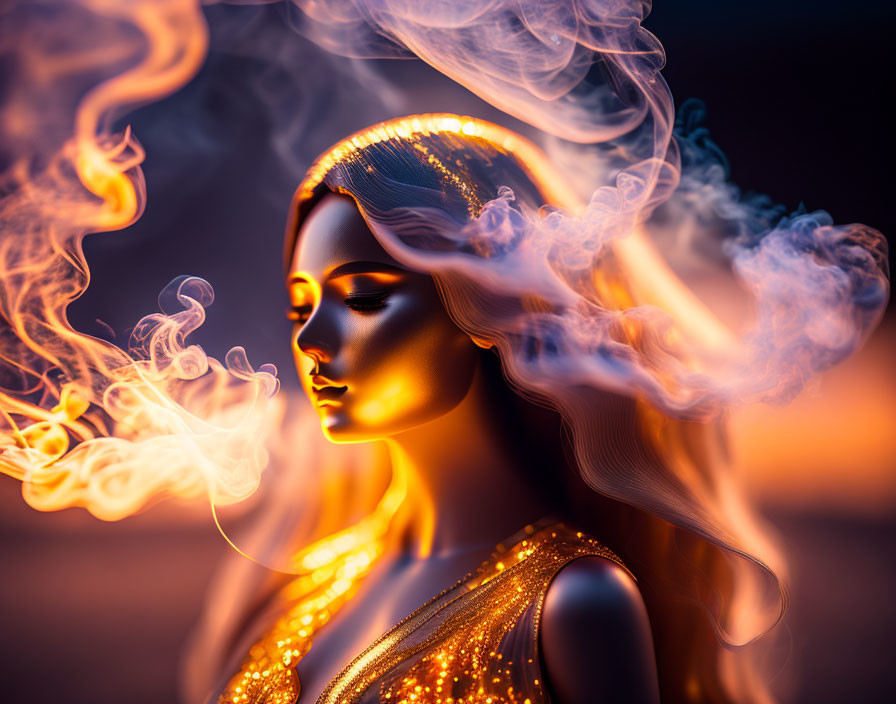 Woman with Golden Skin and Hair in Swirling Smoke on Dark Background