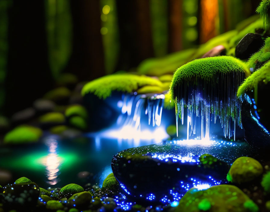 Glowing blue stream with illuminated water droplets at night