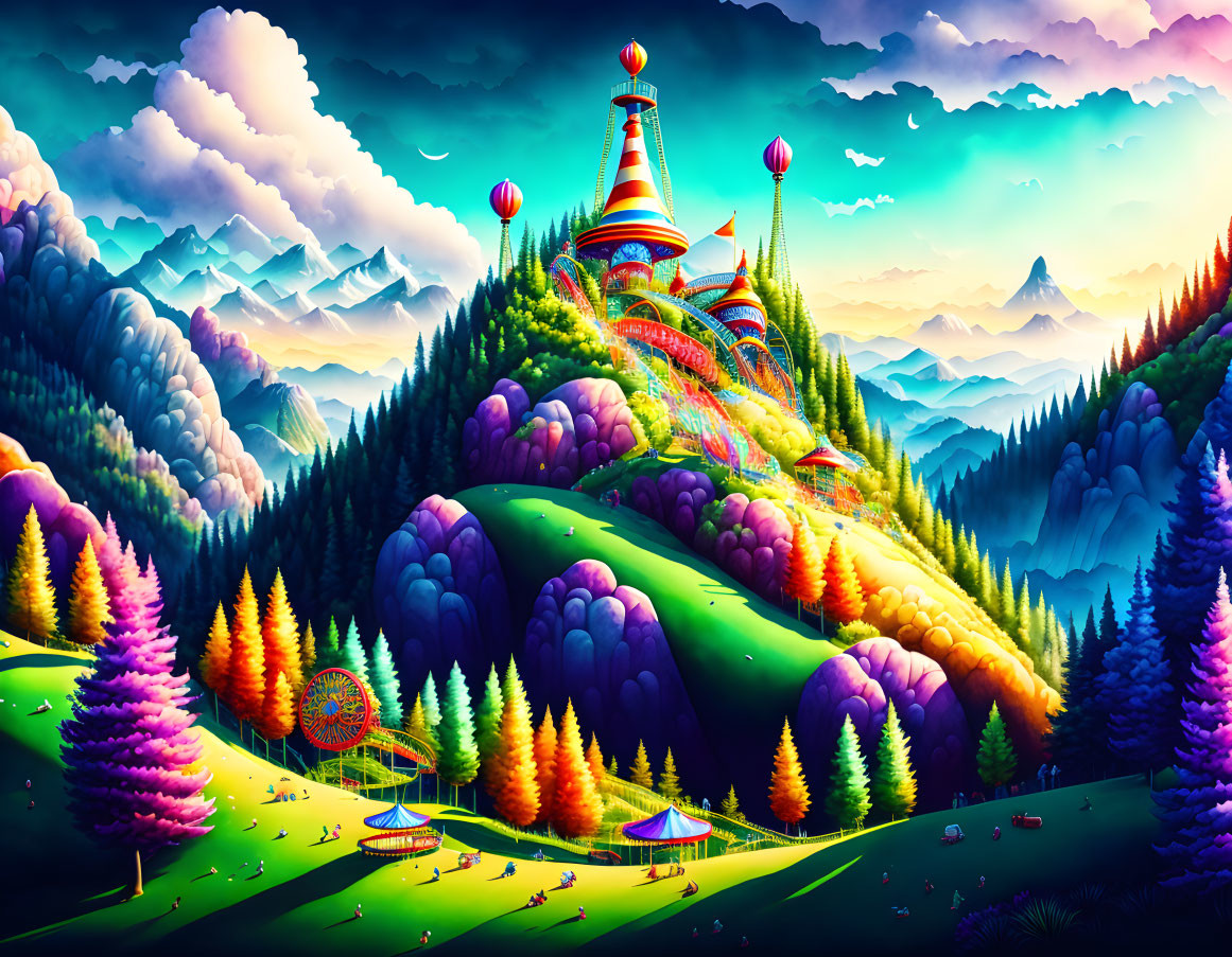 Colorful fantasy landscape with rainbow roads, castle, trees, balloons, and mountains