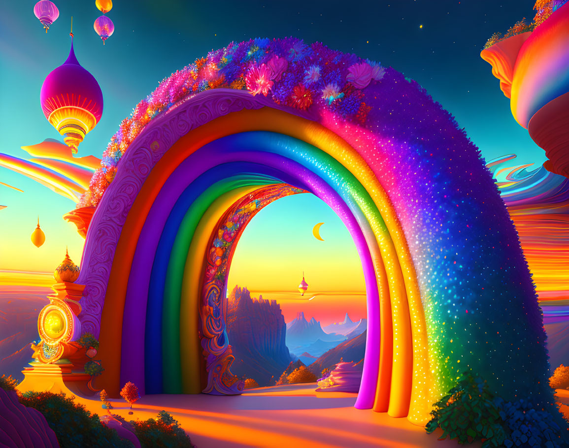 Colorful whimsical landscape with rainbow arch and crescent moon