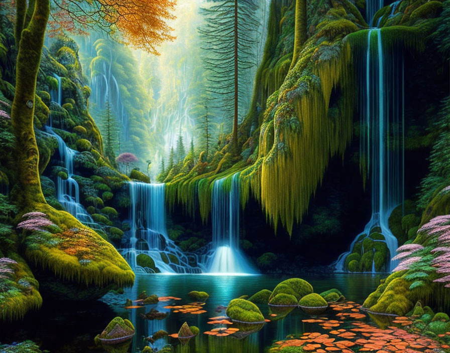 Lush Forest with Waterfalls, Mossy Trees, Sunlight, and Autumn Leaves