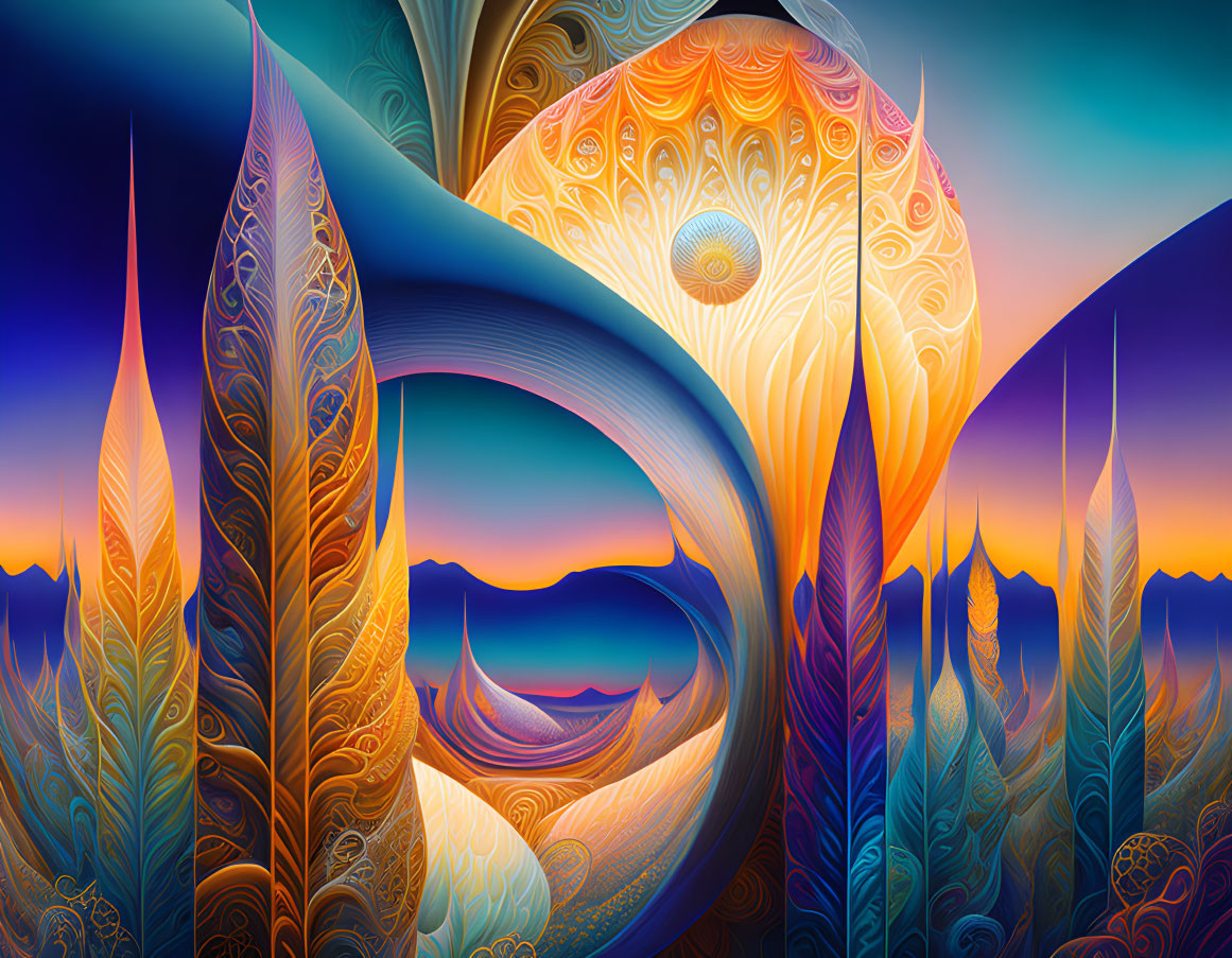 Vibrant abstract art: Swirling patterns, feather-like shapes in orange, blue, and turquoise