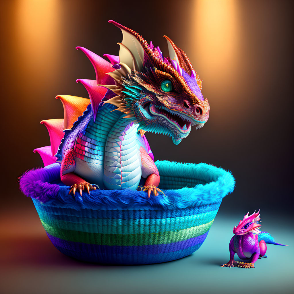 Vibrant digital artwork of two dragons in a blue basket