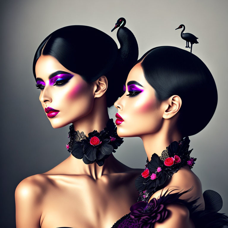 Two women with stylized makeup and swan adornments in an elegant fashion portrait