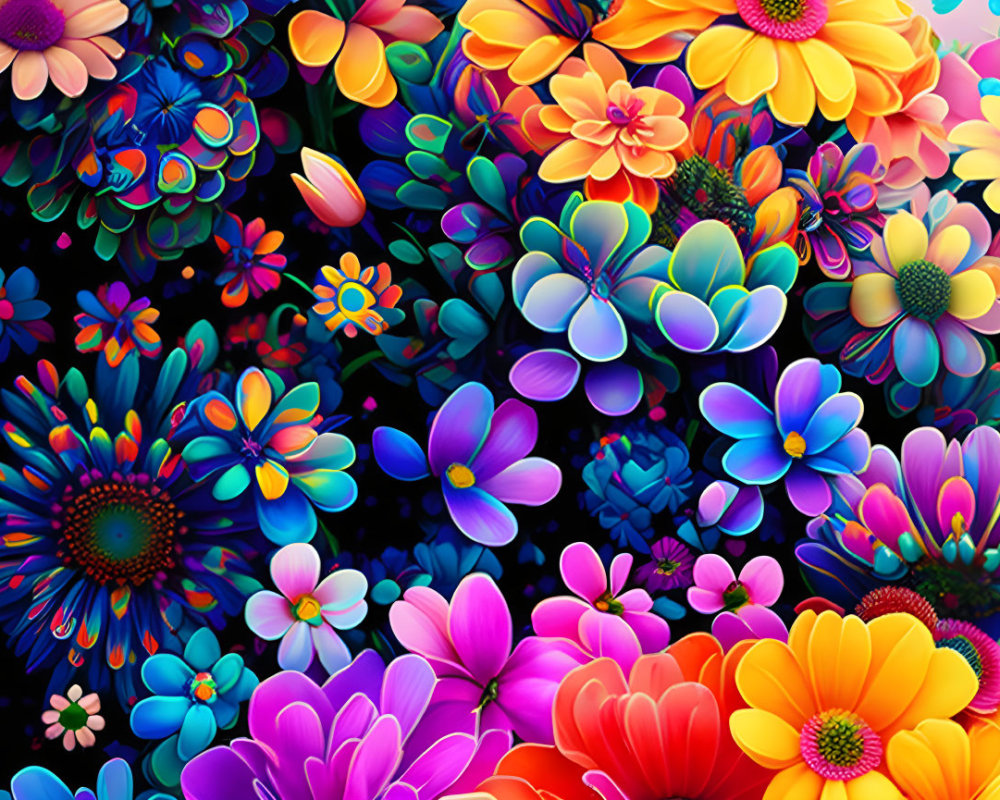 Colorful Digital Flowers on Dark Background: Vibrant Display