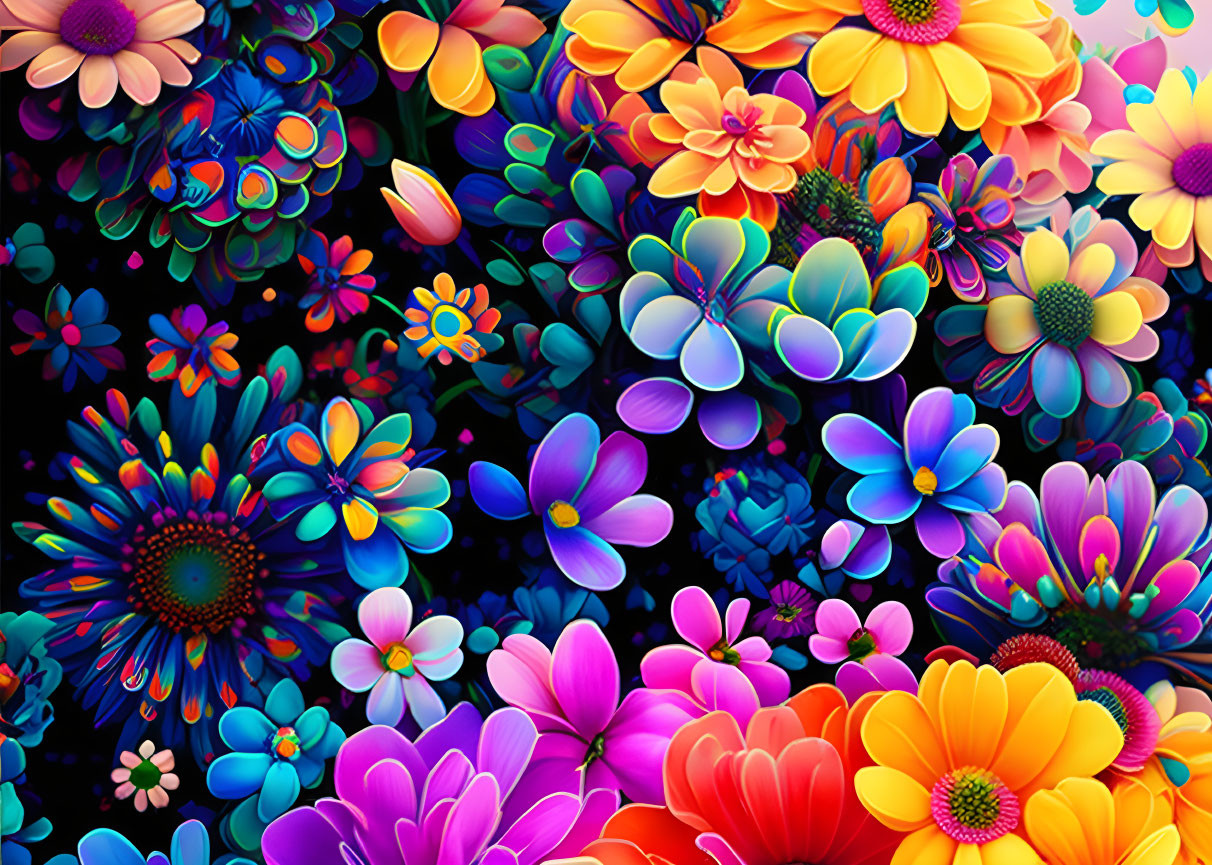 Colorful Digital Flowers on Dark Background: Vibrant Display