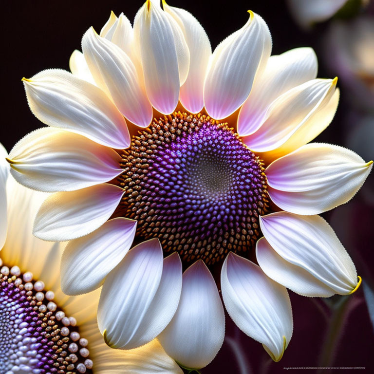 Sunflower with white-tipped petals and brown center on dark background