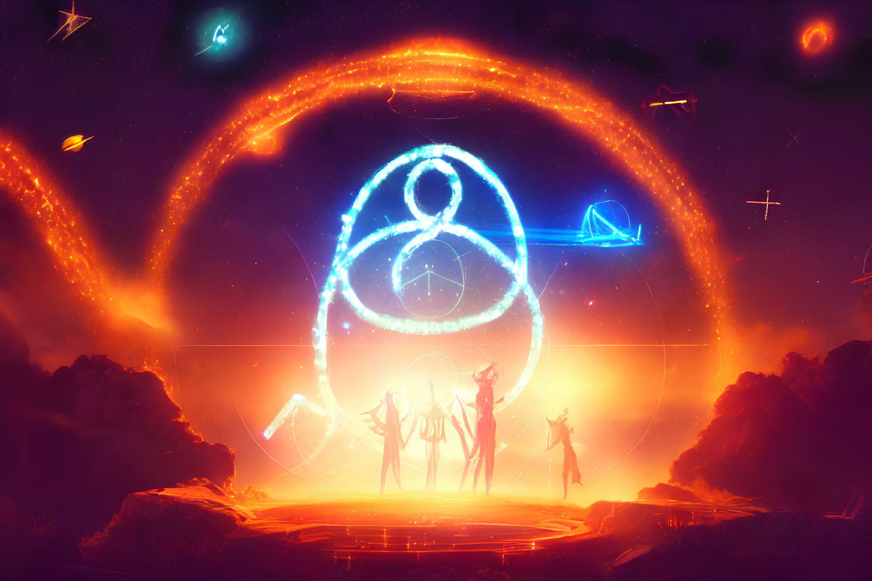 Sci-fi scene with silhouetted figures and glowing astral symbol