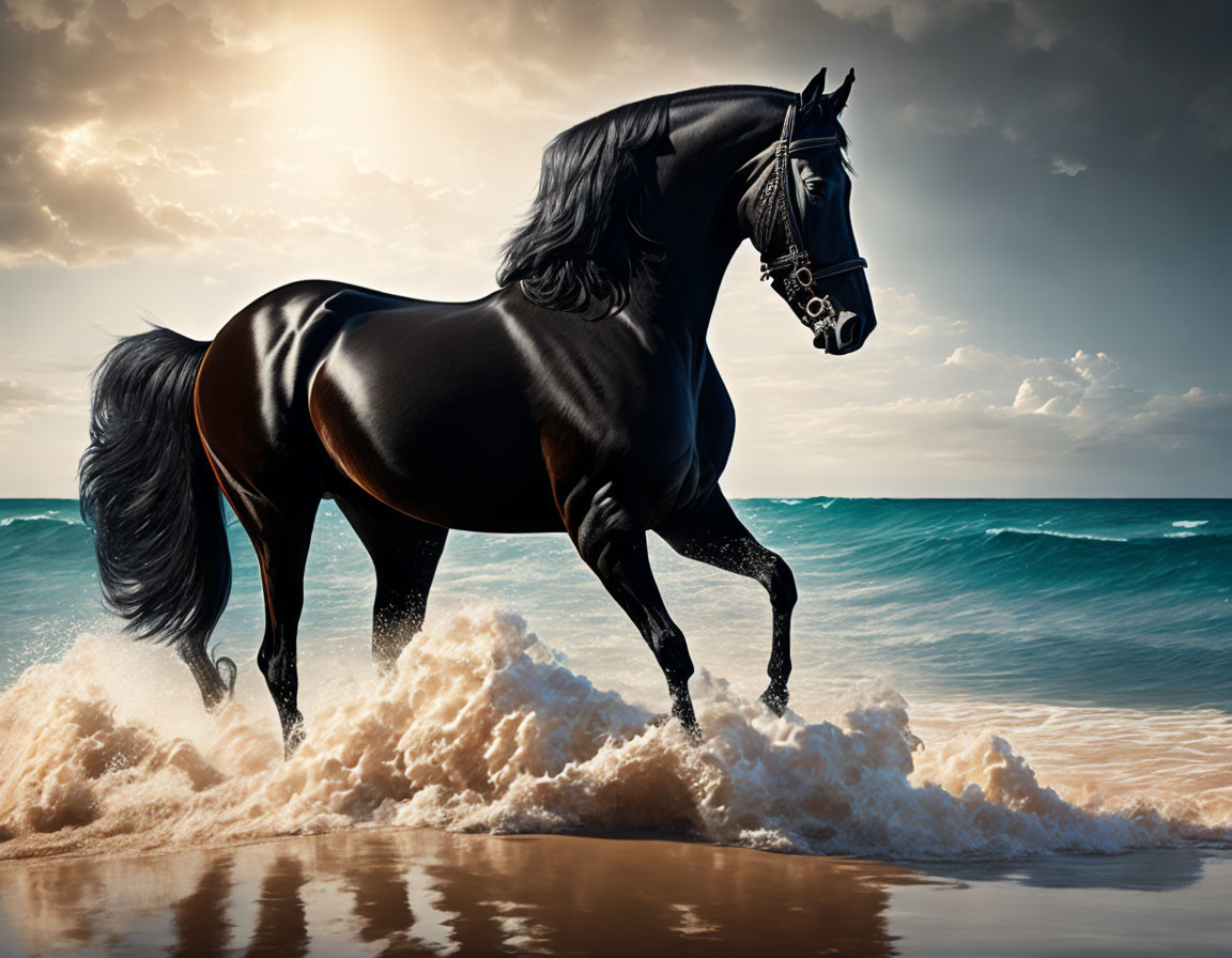 Black horse gallops on sunny beach with cresting waves under dramatic sky