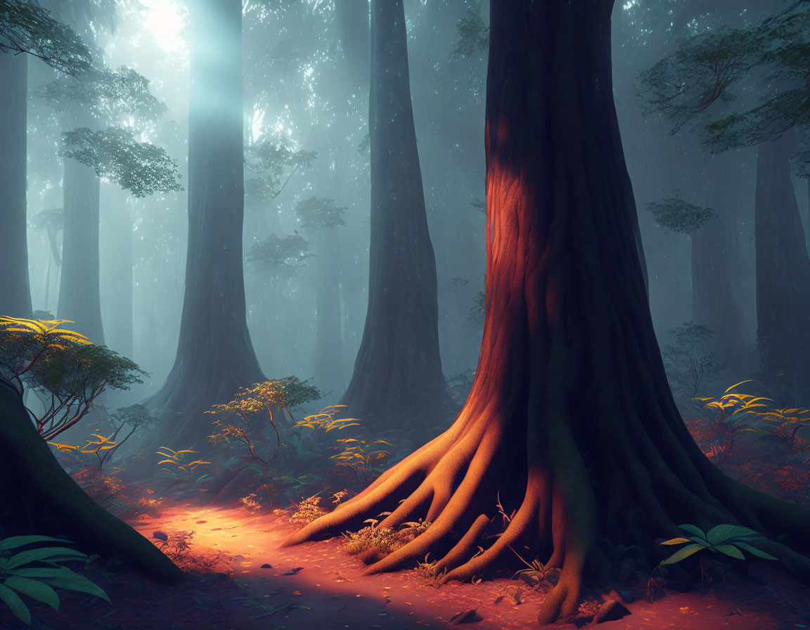 Tranquil forest landscape with towering trees and sunlight filtering through mist