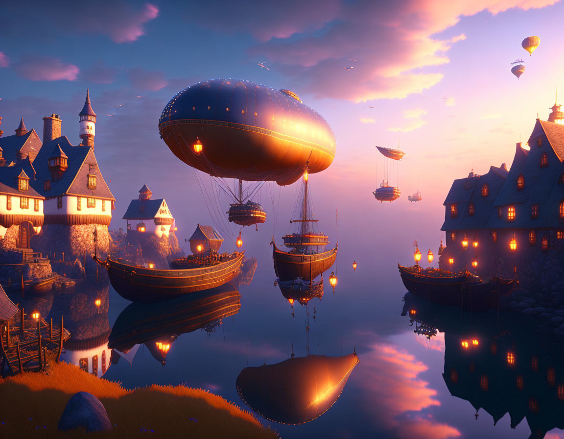 Fantasy village at sunset with airships and hot air balloons above calm waters