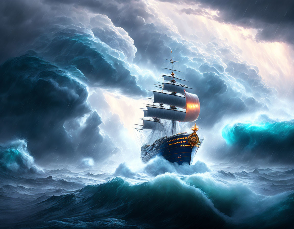 Majestic sailing ship in stormy sea with billowing sails