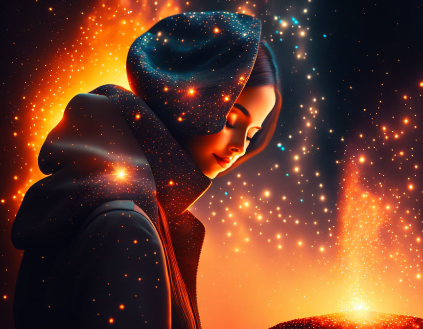 Contemplative figure in hooded cloak with starry texture on vibrant cosmic background