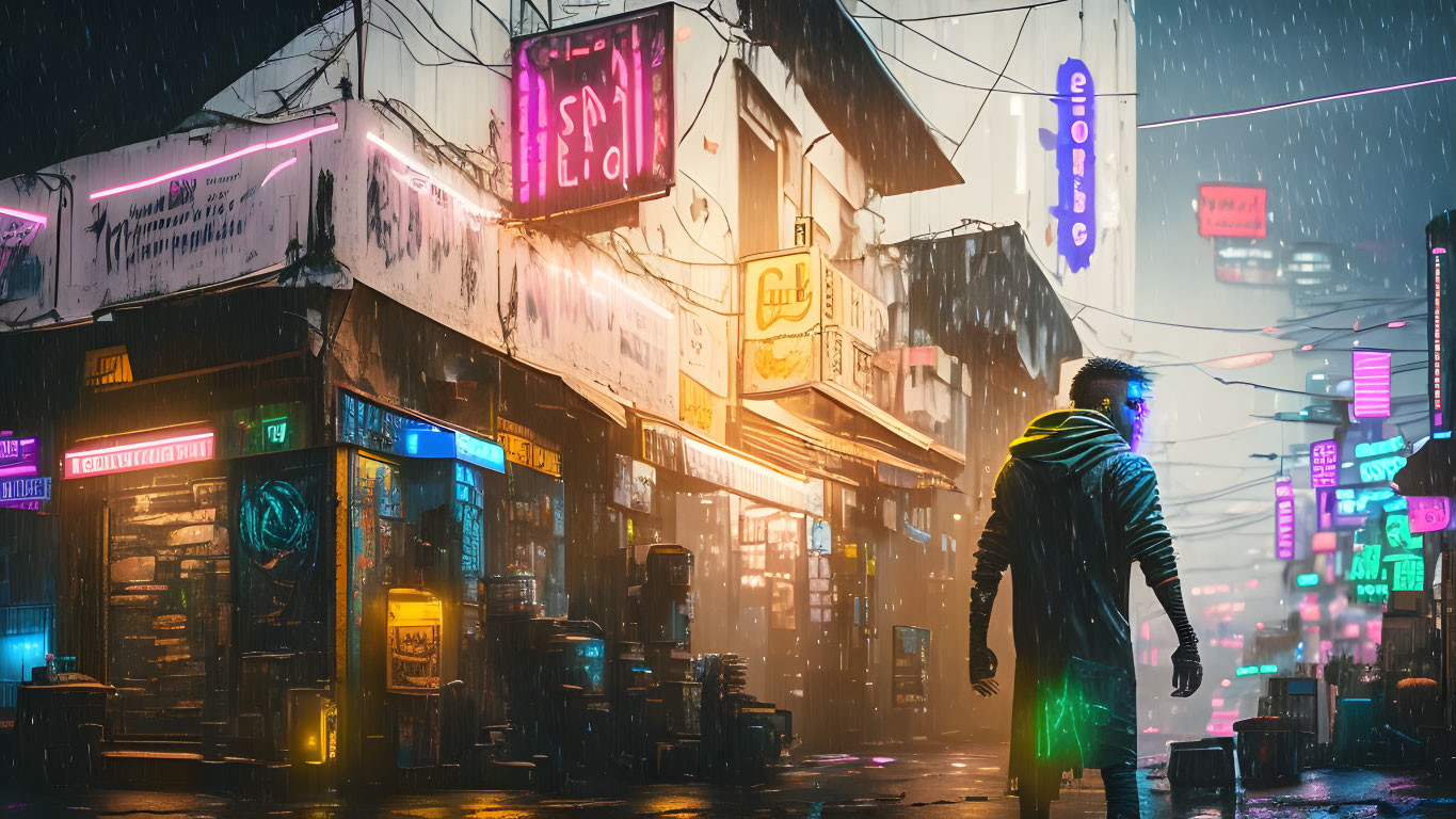 Pedestrian in yellow jacket on neon-lit rainy street at night