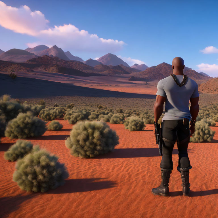 Person in desert landscape with gun, mountains, and blue sky