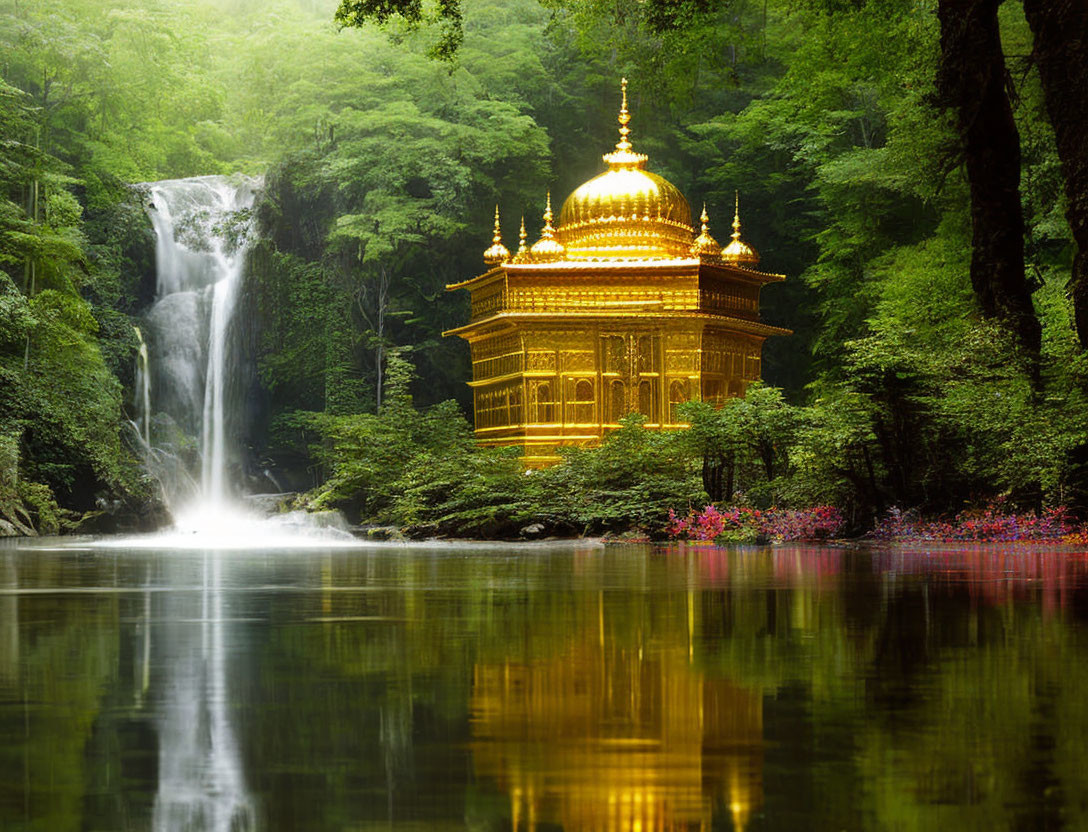 Golden temple near waterfall in lush forest with reflection, greenery, pink flowers