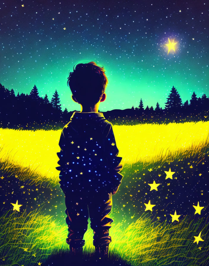 Child in starry night sweater gazes at glowing sky over tree silhouettes