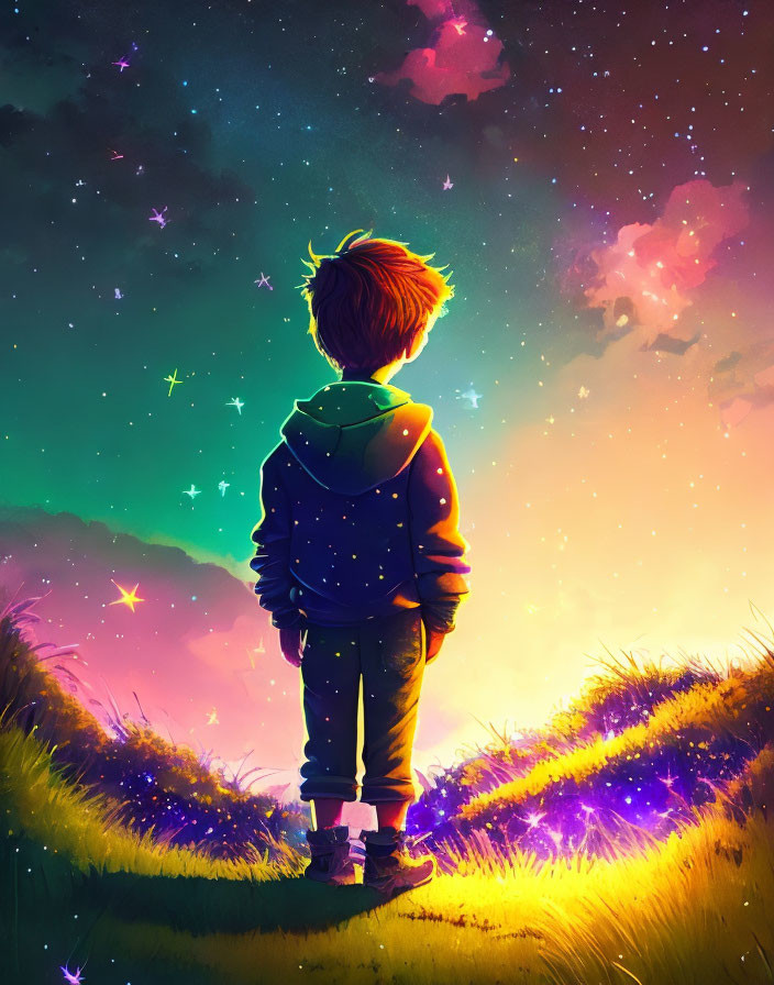 Young boy admires vibrant starry sky on grassy hill