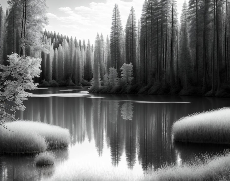 Tranquil Monochrome Landscape with Lake and Trees