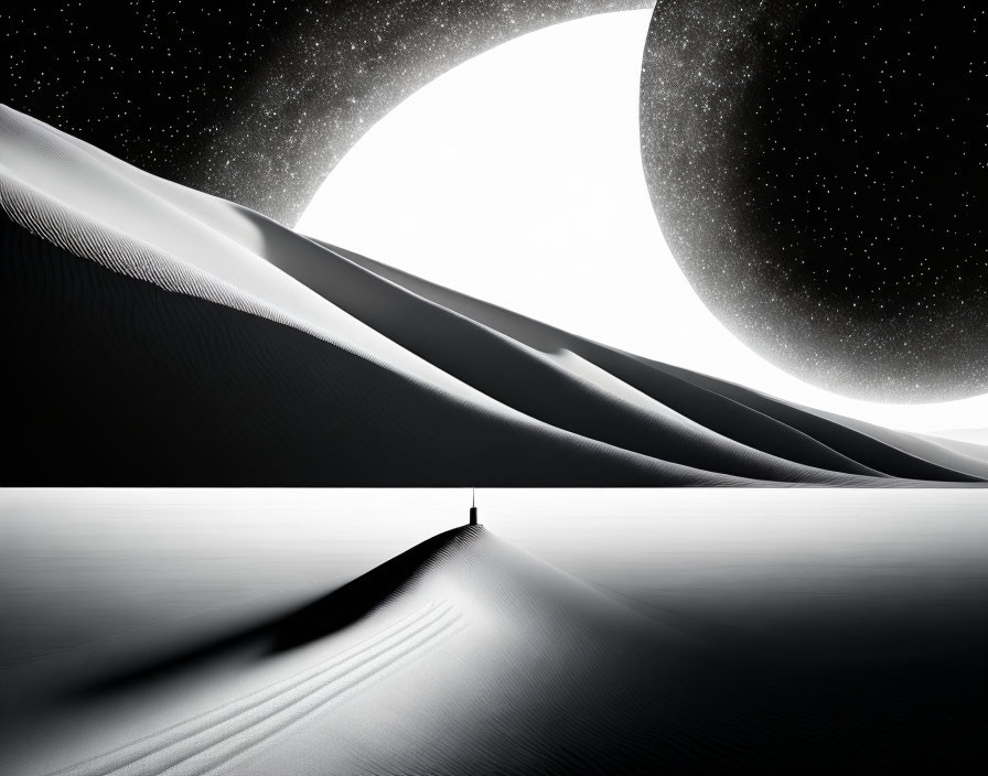 Monochrome landscape: vast sand dunes, starry sky, celestial bodies, lone figure