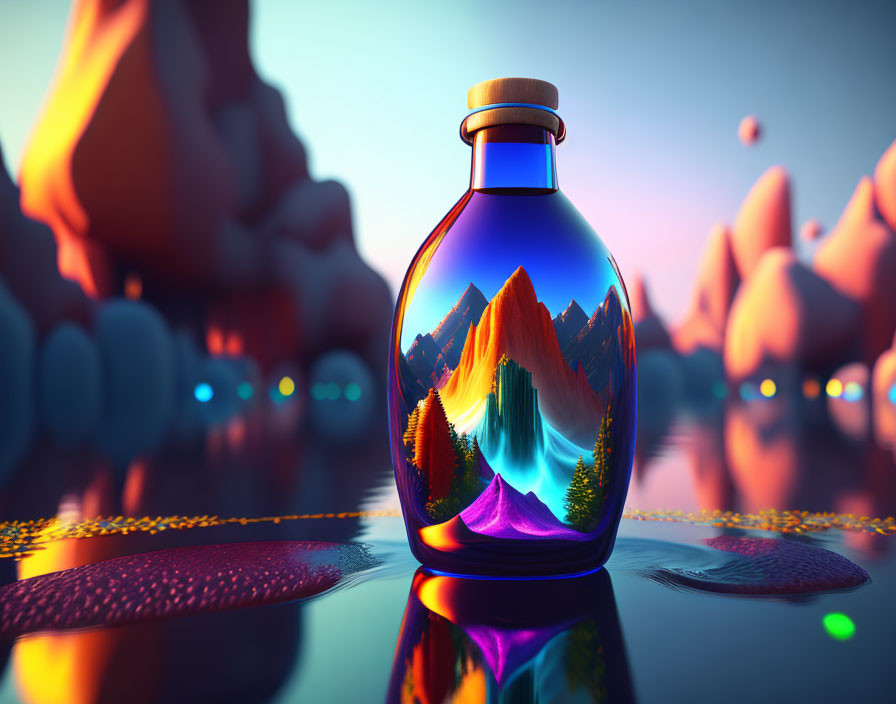 Surreal landscape in glass bottle: vibrant mountains, orange sky, reflective water.