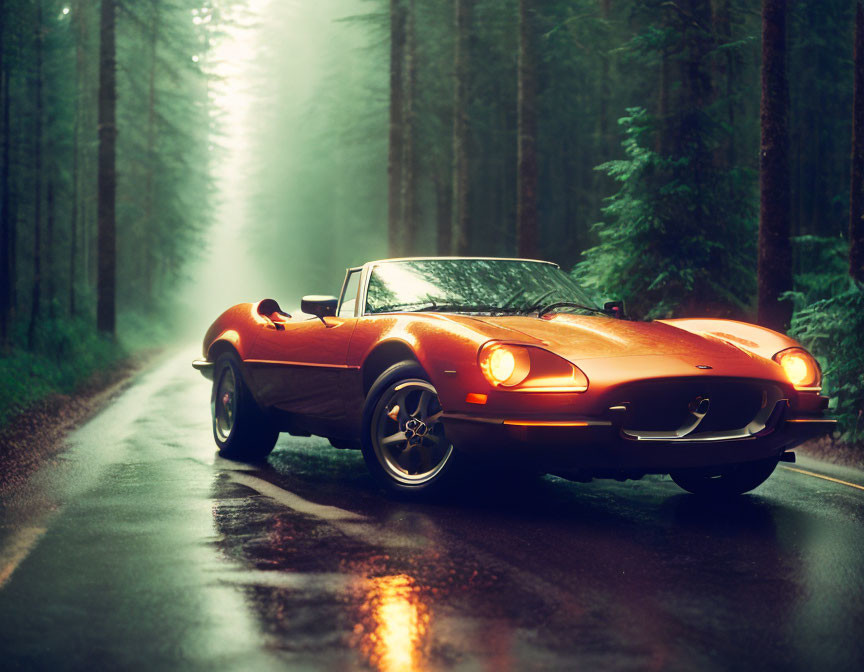 Classic Red Sports Car in Misty Forest Setting