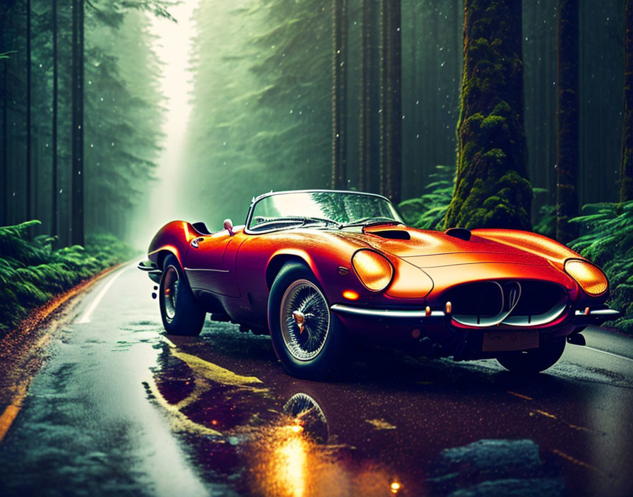 Vintage Red Convertible Car Parked on Misty Forest Road