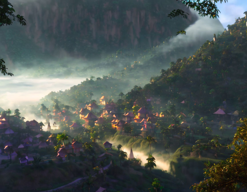 Serene village at dawn with sunlight, traditional houses, lush greenery, mountain.