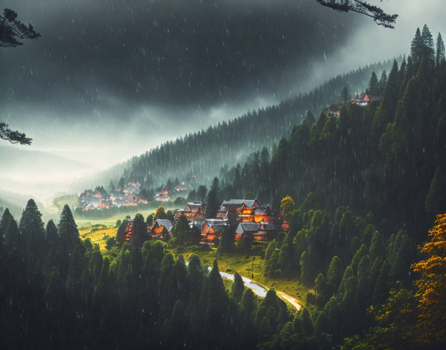 Rain-soaked landscape with village nestled among dense trees in misty hills