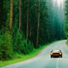 Vintage car on forest road with tall green trees in misty morning