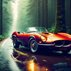 Classic Red Sports Car in Misty Forest Setting