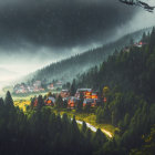 Serene village at dawn with sunlight, traditional houses, lush greenery, mountain.