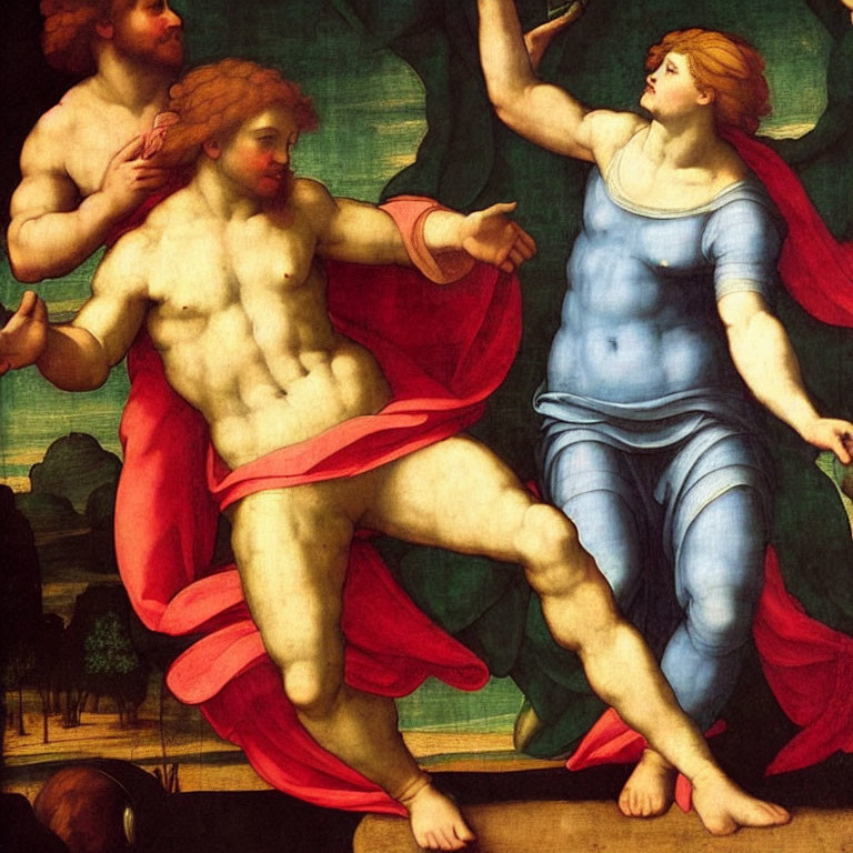 Renaissance painting of man and woman with mythological features in vibrant red and blue.