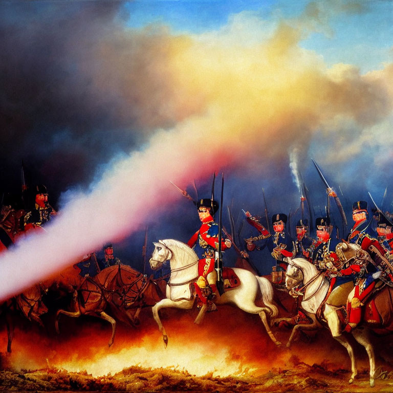 Historical battle scene painting: soldier on white horse leading charge with troops and fiery cannon blast