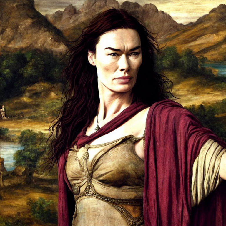 Digital painting of woman with dark hair, golden corset, and red cloak in mountainous scenery