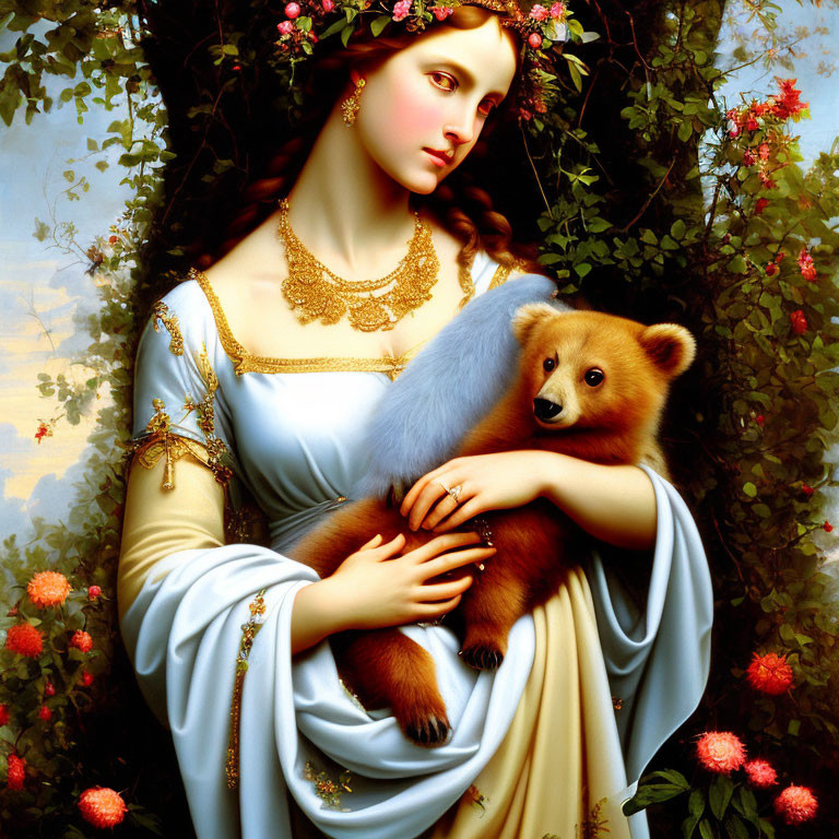 Portrait of a woman in blue dress with bear, flowers, and blooming bush