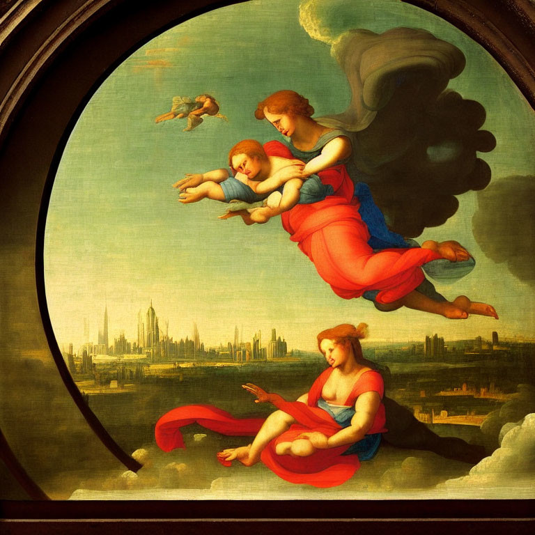 Renaissance-style painting: Three angels in clouds with cityscape below