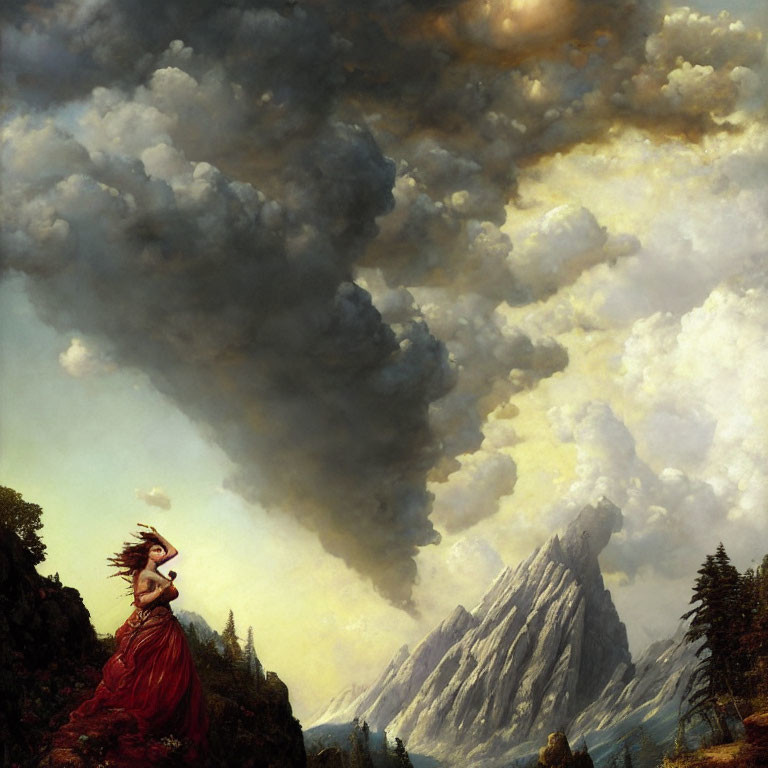 Dramatic painting of woman in red dress on cliff with billowing hair and dark clouds