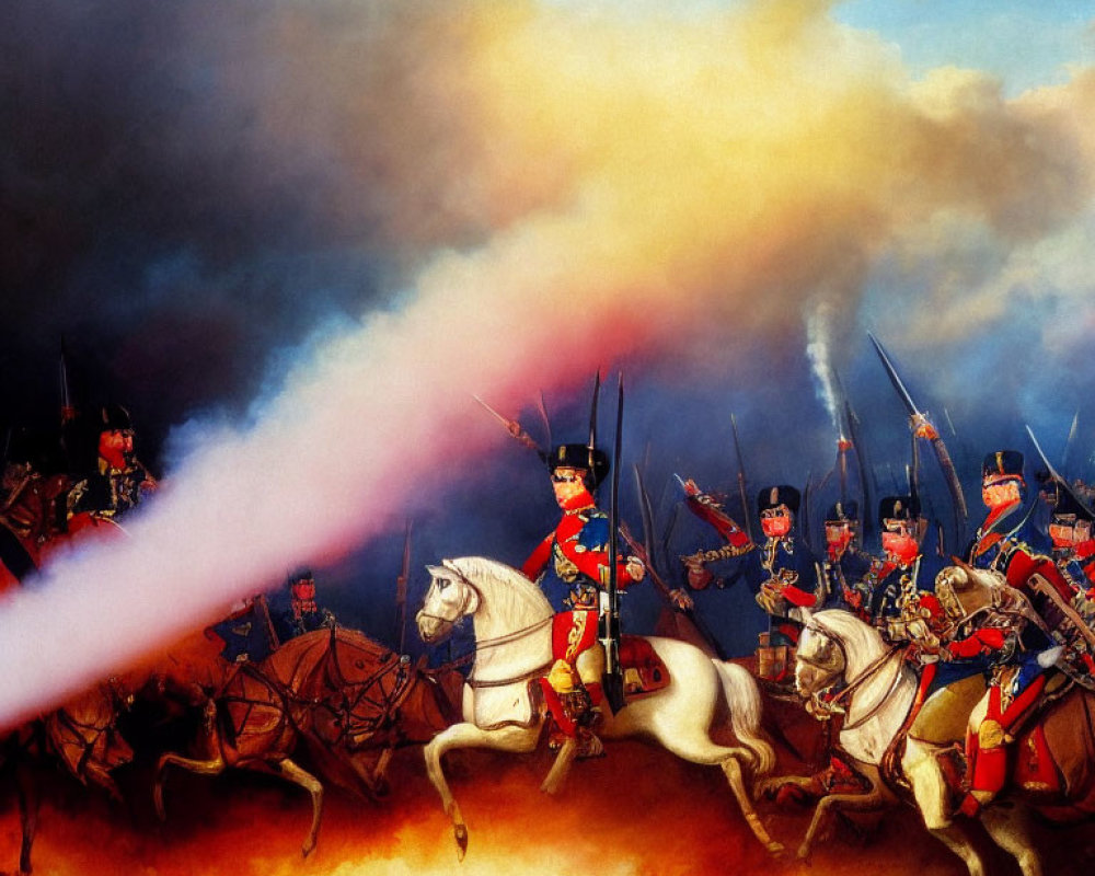 Historical battle scene painting: soldier on white horse leading charge with troops and fiery cannon blast