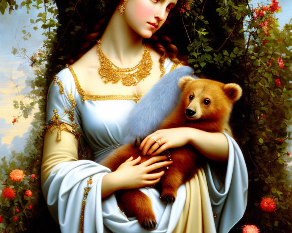 Portrait of a woman in blue dress with bear, flowers, and blooming bush