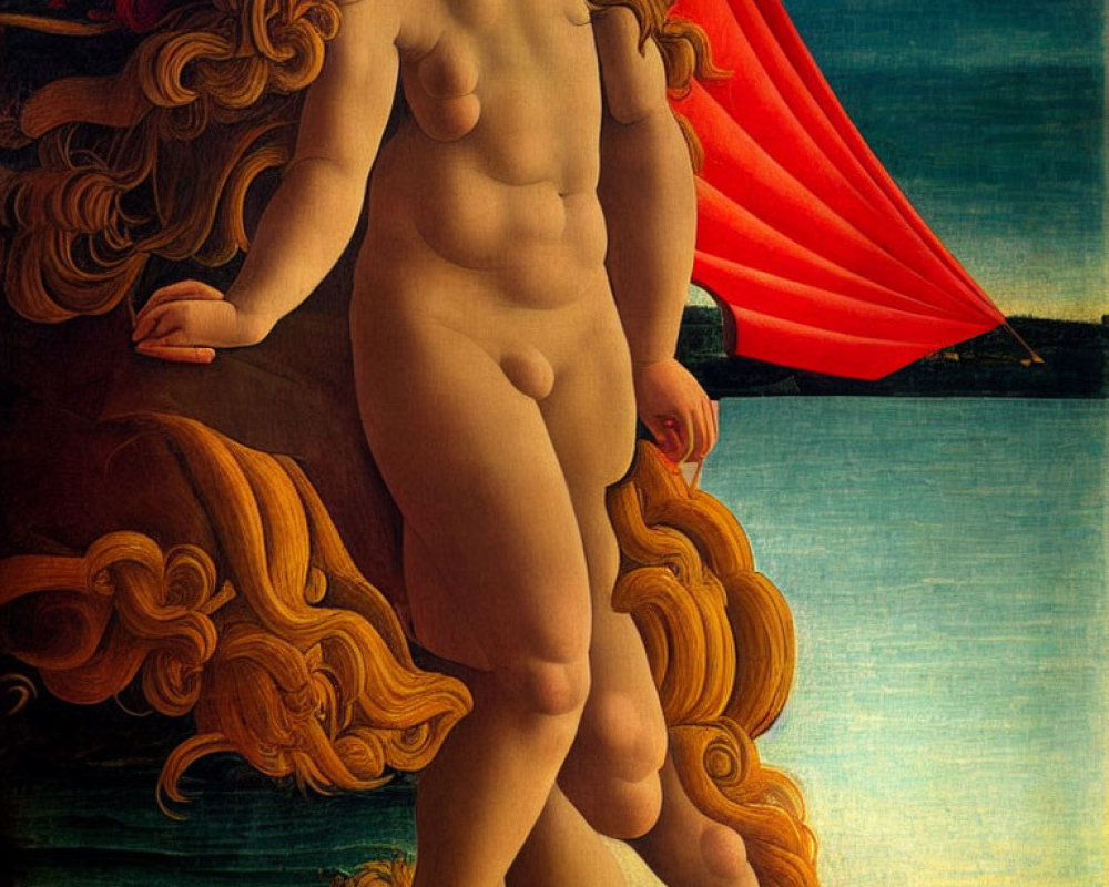 Classical painting of nude figure by water with red drape