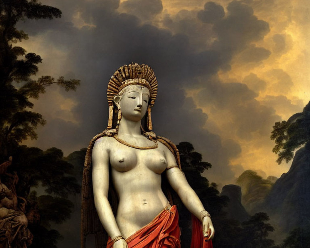 Classical topless woman sculpture with halo headpiece and red cloth, set against dramatic sky and forest