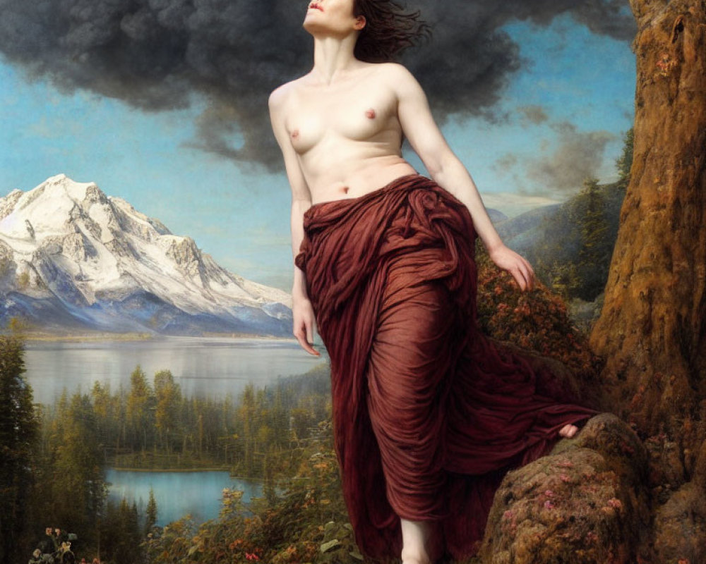 Woman in red draped cloth by tree with mountains, lake, storm cloud