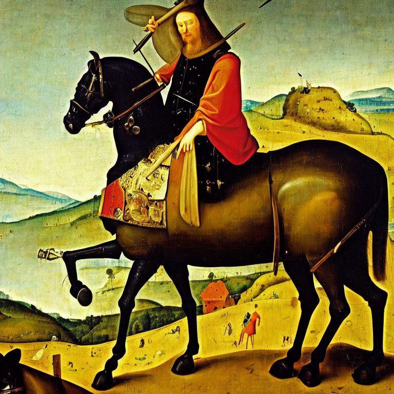 Medieval painting: solemn red knight on black horse with lance in rural scene