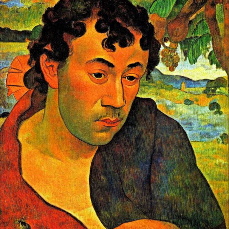 Man with Curly Hair and Red Scarf in Vibrant Landscape Painting